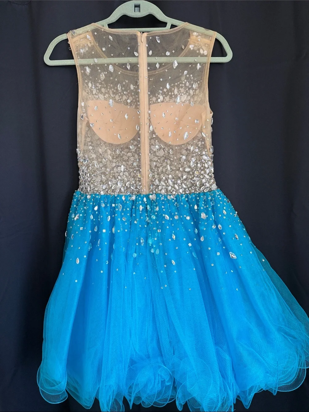 Jovani Blue Tulle Dress with Silver Beaded Bodice